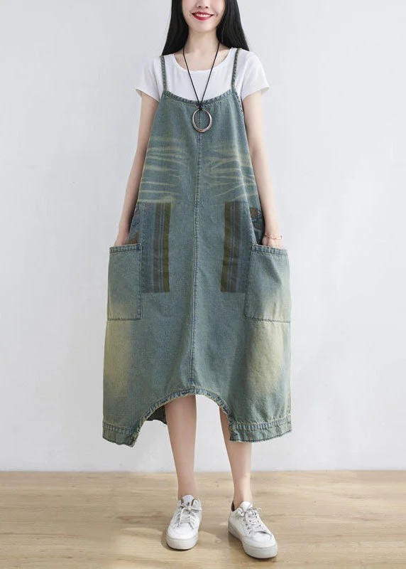 Classic And Versatile Loose light Blue pockets Print denim Jumpsuit Spring