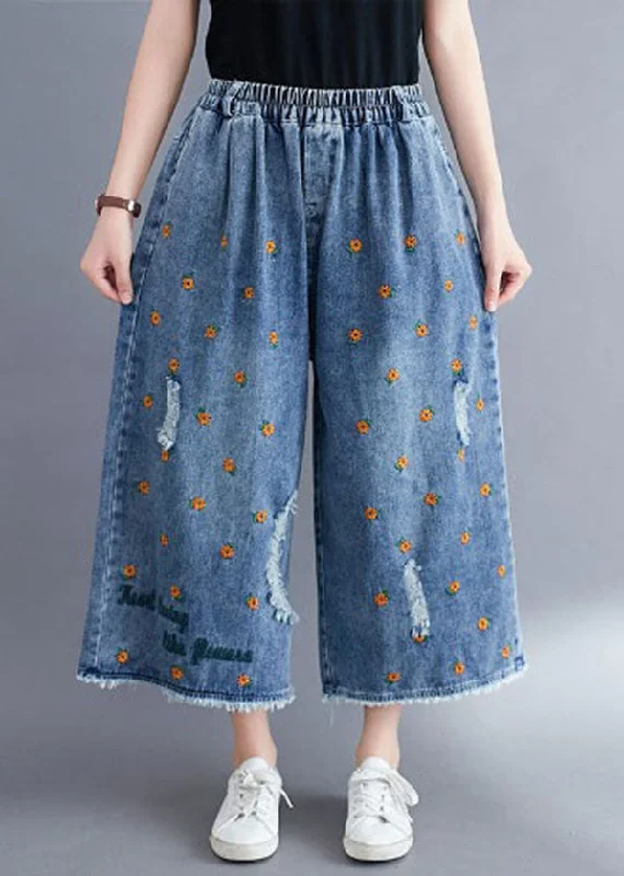 Elegant And Charming Women Blue Daisy Embroideried Pockets Cotton Denim Straight Pants Summer Elegant And Charming Women Blue Daisy Embroideried Pockets Cotton Denim Straight Pants Summer