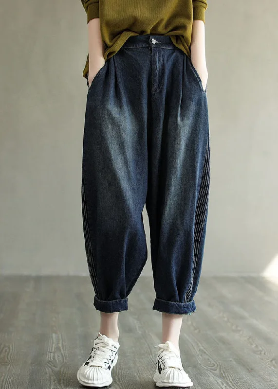 Street Cool Simple Navy Elastic Waist Striped Line Pocket Cotton Denim Harem Pants Spring Street Cool Simple Navy Elastic Waist Striped Line Pocket Cotton Denim Harem Pants Spring