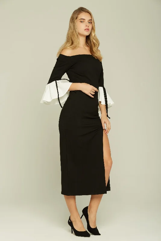 Playful Style Black Off the Shoulder Bell Sleeves Slit Dress