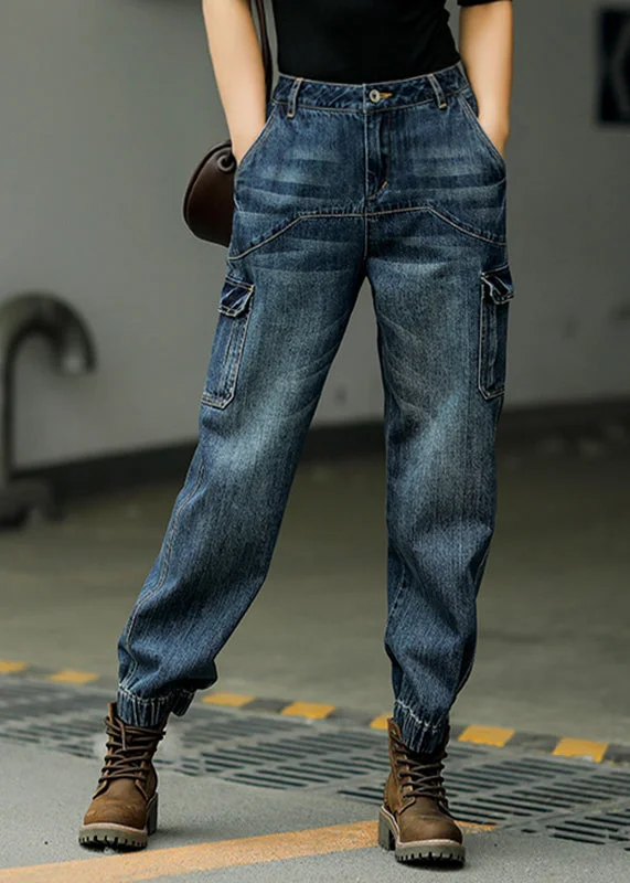 Carefree Style Casual Blue Patchwork Pockets High Waist Cotton Beam Denim Pants Fall Carefree Style Casual Blue Patchwork Pockets High Waist Cotton Beam Denim Pants Fall