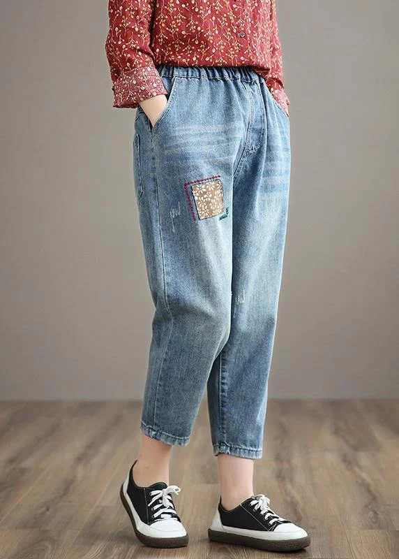 Dessert Matching French Denim Blue High Waist Plus Size Clothing Spring Elastic Waist Patchwork Women Trousers Dessert Matching French Denim Blue High Waist Plus Size Clothing Spring Elastic Waist Patchwork Women Trousers
