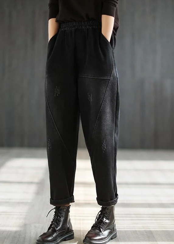 Sexy Fun Black Elastic Waist Thick Warm Fleece Pockets  Denim Harem Pants Winter