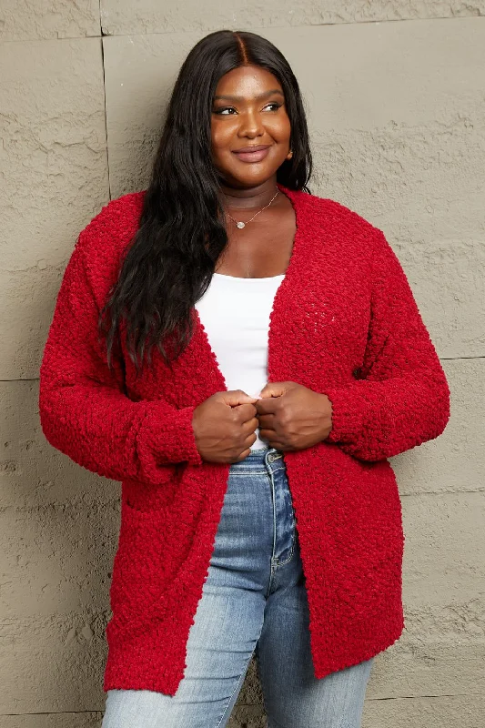 Wearable At Home Or Out Zenana Falling For You Full Size Open Front Popcorn Cardigan