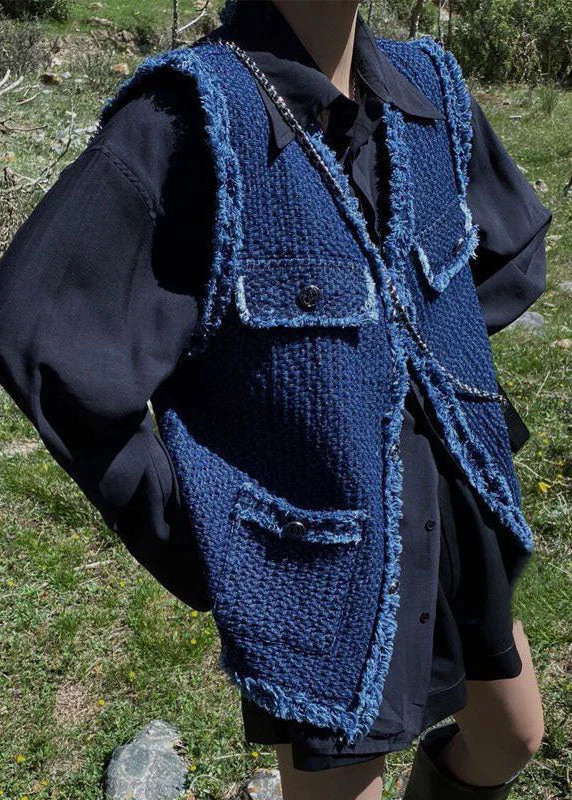French Style French Navy retro V Neck Denim Pockets Fall Vest