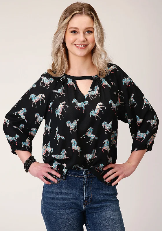 Noble And Elegant Roper Womens Black Rayon/Nylon Wild Horses 3/4 Sleeve Blouse
