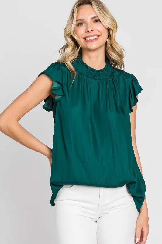 Personalized Clothing Forest Green Mock Neck Flutter Blouse