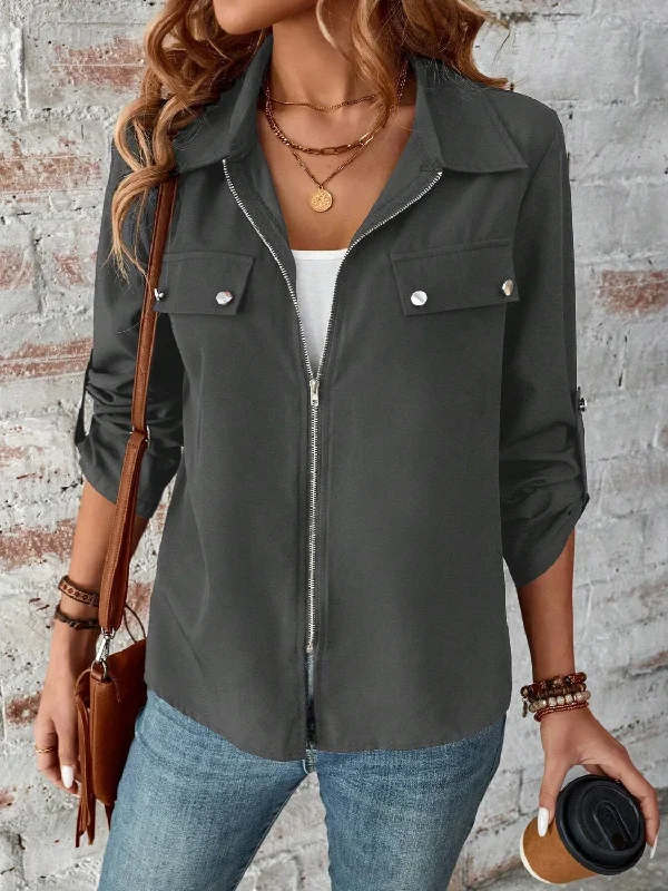 Casual And Comfortable Zip Up Collared Neck Roll-Tab Sleeve Jacket