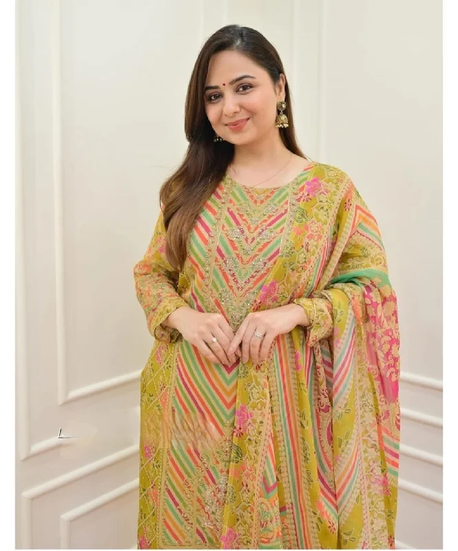 Short Design Mustard Muslin Kurti with Pant and Dupatta Set