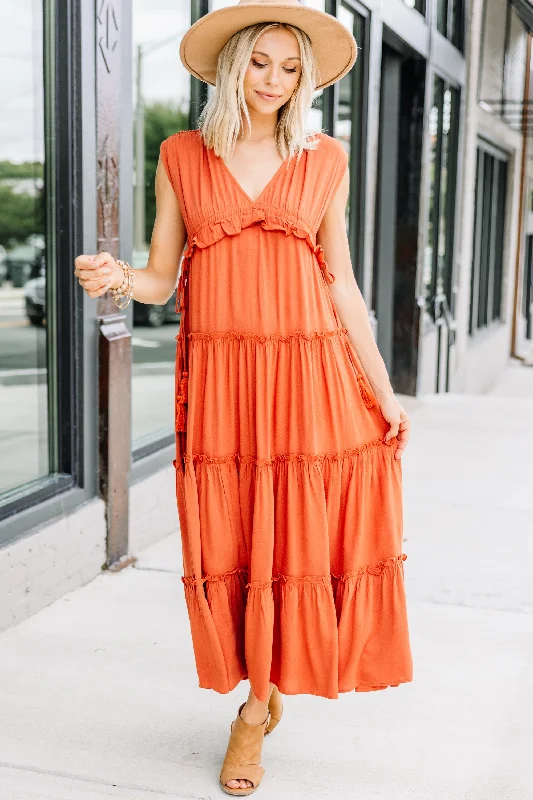 Slightly Flared Design Feeling Hopeful Rust Orange Ruffled Maxi Dress