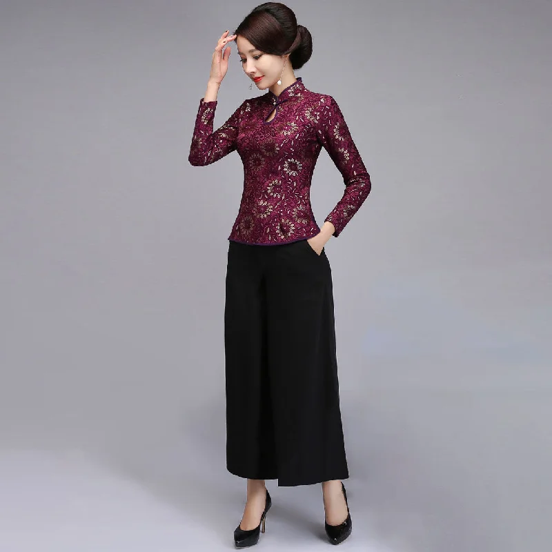 Exquisite Fabrics Key Hole Neck Lace Cheongsam Top with Long Pantskirt