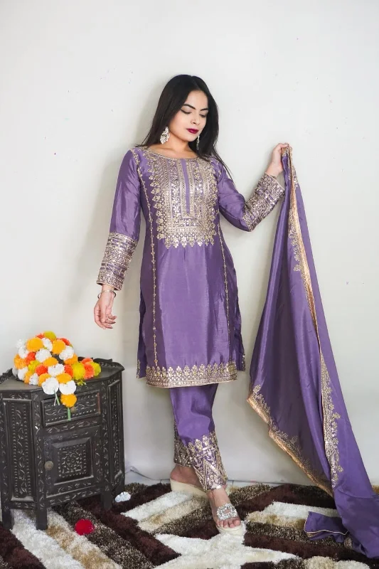 Soft And Comfortable SRK 5151 Purple Pure Chinnon Silk Sequence work Straight Cut Readymade Suit Soft And Comfortable SRK 5151 Purple Pure Chinnon Silk Sequence work Straight Cut Readymade Suit