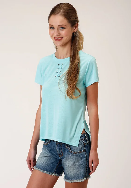 Luxury And Elegant Roper Womens Light Turquoise Poly/Rayon Grommets S/S T-Shirt
