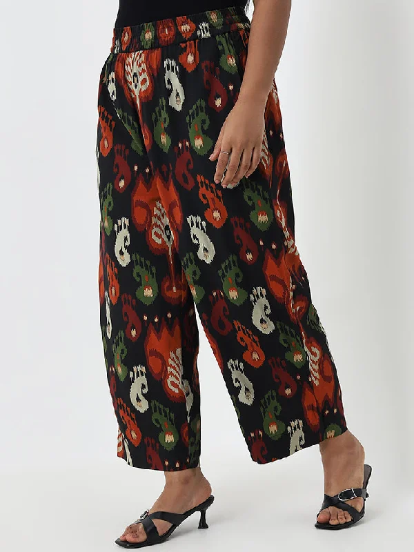 Fashion Style Diza Black Ikat Design High-Rise Ethnic Pants