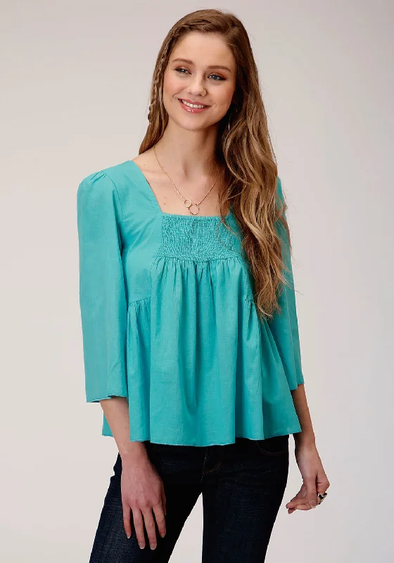 Exquisite Fabrics Roper Womens Turquoise 100% Cotton Bell Sleeve S/S Blouse