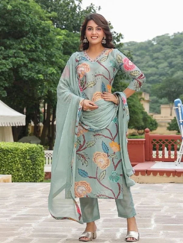 Casual Street Cotton Blend With Neck Embroidery Kurti with Dupatta and Bottom