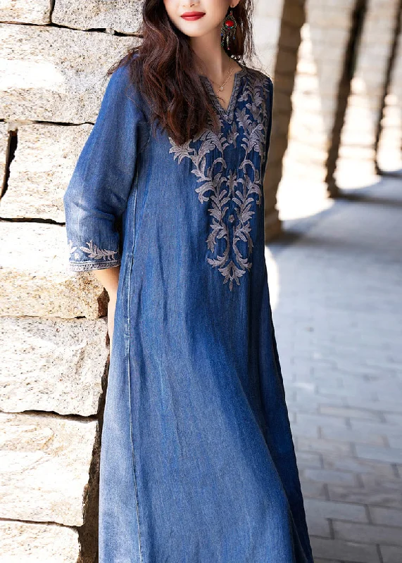 Fashion Must-have Handmade Blue V Neck Embroidered Silk Cotton Long Denim Dress Long Sleeve