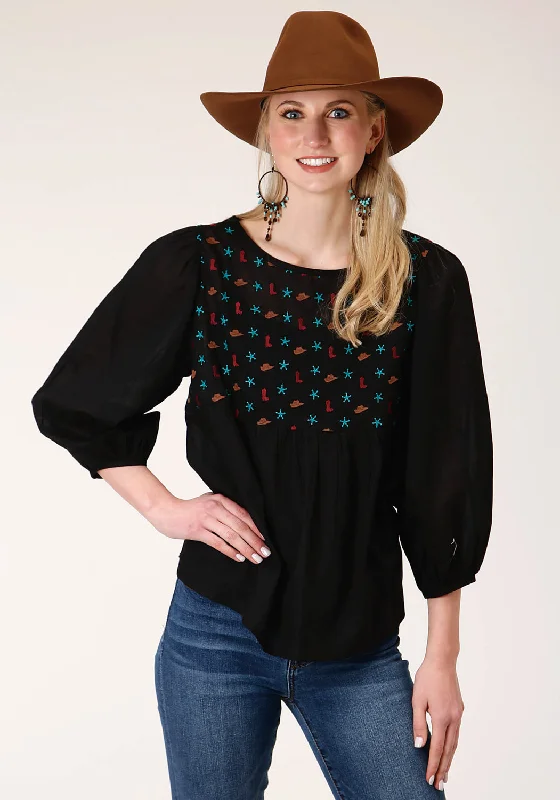 Elegant And Simple Roper Womens Black 100% Cotton Boots and Stars 3/4 Sleeve Blouse