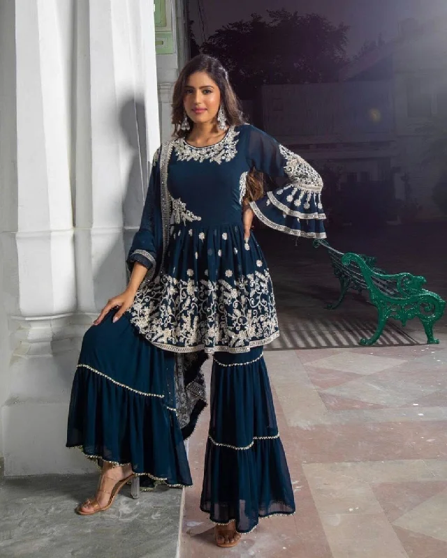 Simple Solid Color Faux Georgette With Heavy Embroidery Work With Heavy Moti Lace Work With Fancy Sleeve Designer Sharara Suit Simple Solid Color Faux Georgette With Heavy Embroidery Work With Heavy Moti Lace Work With Fancy Sleeve Designer Sharara Suit