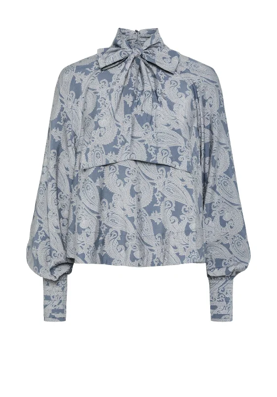 Fashion Elements Y.A.S Limos Paisley Print Bow Blouse, Grisaille