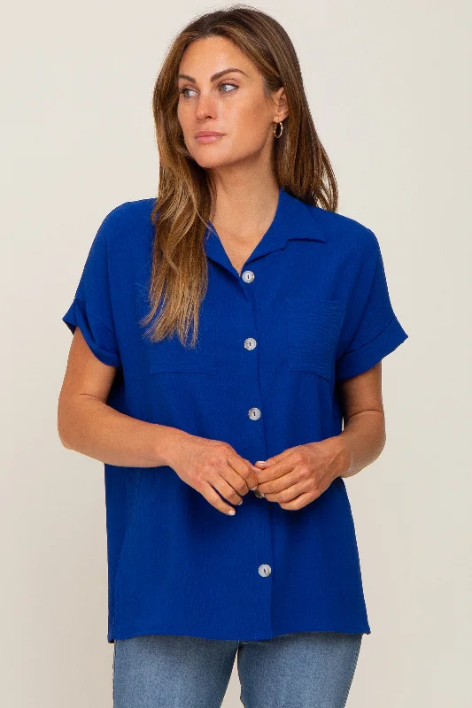 Comfortable And Cold-proof Royal Blue Collared Button-Down Short Sleeve Blouse