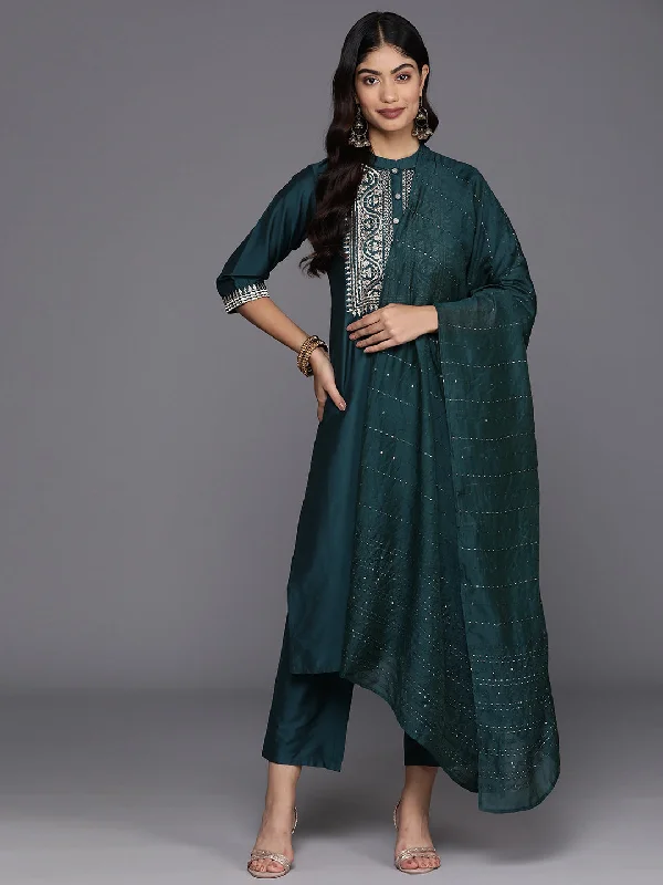 Simple And Comfortable Blue Yoke Design Silk Blend Straight Suit With Dupatta