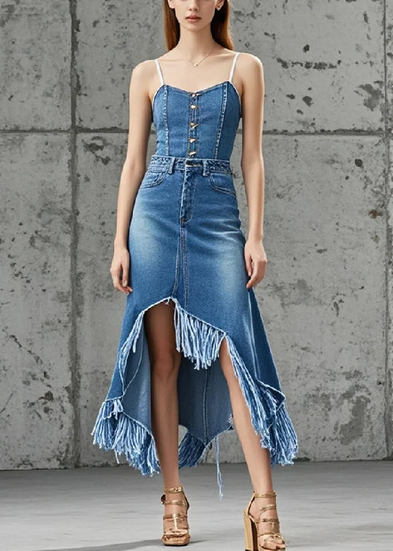 Boutique Recommendation Silm Fit Blue Asymmetrical Tasseled Denim Vacation Skirt Fall Boutique Recommendation Silm Fit Blue Asymmetrical Tasseled Denim Vacation Skirt Fall
