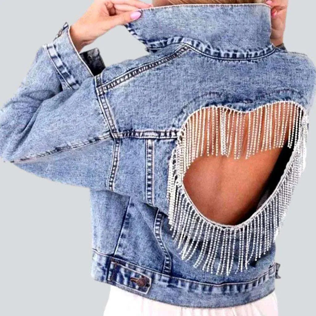 Elegant And Casual Embellished heart jean jacket for women