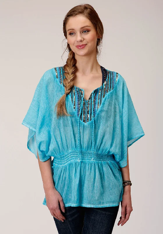 Stretch Design Roper Womens Turquoise 100% Cotton Peasant Top S/S Tunic