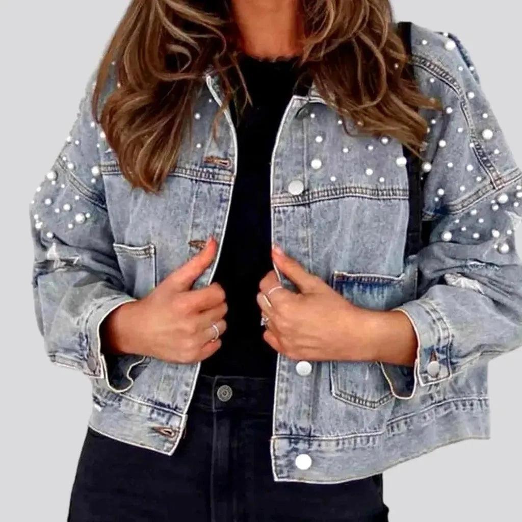 Classic Series Y2k pearl denim jacket
 for ladies