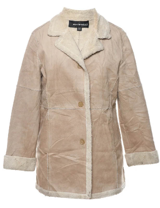Elegant Tailoring Single Breasted Beige Suede Shearling Lined Jacket - M