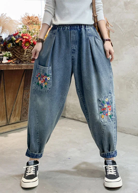 High-end Fabrics Beautiful Denim Blue Floral Embroideried Elastic Waist Pockets Cotton Harem Pants Summer High-end Fabrics Beautiful Denim Blue Floral Embroideried Elastic Waist Pockets Cotton Harem Pants Summer