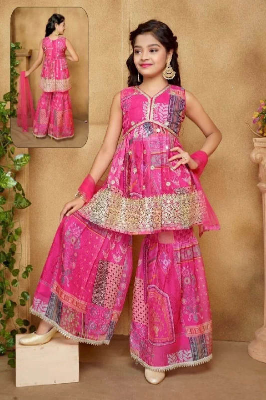 Classic And Versatile Kid’s Pink Alia Cut Heavy Japan satin Sharara Suit
