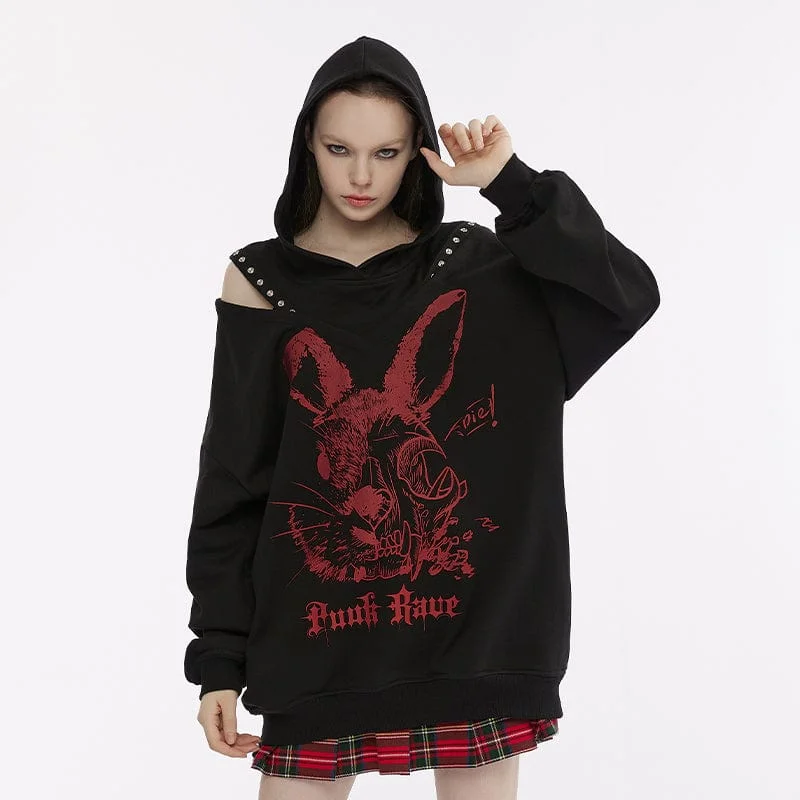 Fresh And Natural Women's Punk Off Shoulder Rabbit Printed Hoodie