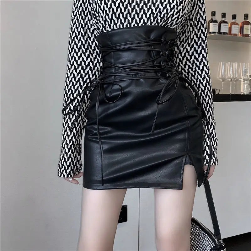 Bright Colors Lace-up High Waist PU Leather Mini Skirt