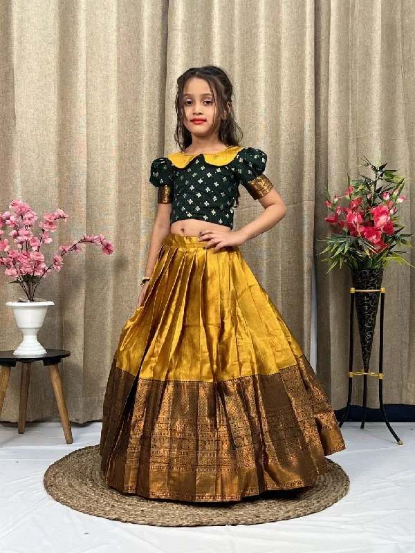 British Fashion Mustard Green Lichi Silk Kid’s Lehenga Choli