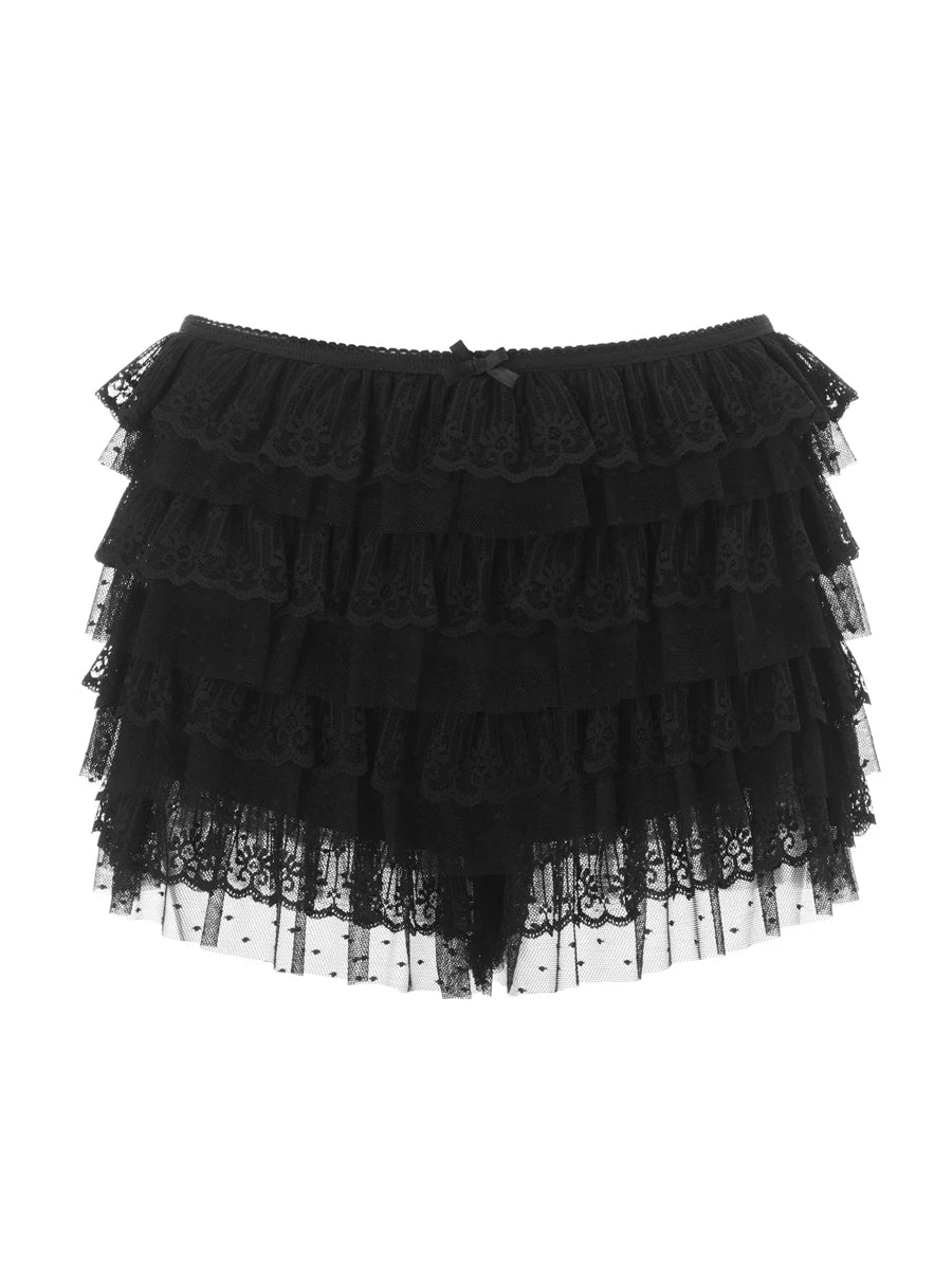 Relaxed And Casual Women's Ruffled Layered Elastic Low Waist Lace Skirt