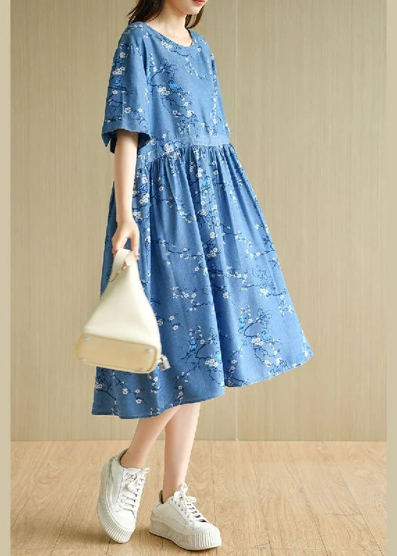 Relaxed And Casual Modern Denim Blue O-Neck Print Summer Cotton Dress Short Sleeve