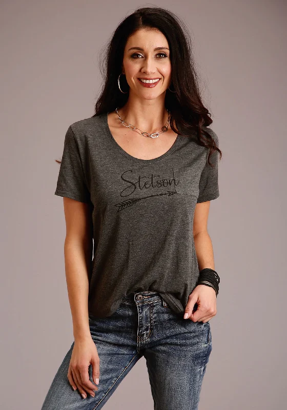 Retro Fashion Stetson Womens Grey Polyester Logo Script S/S Arrow T-Shirt