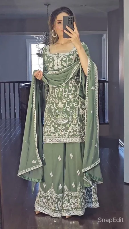 Elegant And Simple Green Pink Fancy Georgette Bell Sleeve Party Wear Gharara Suit