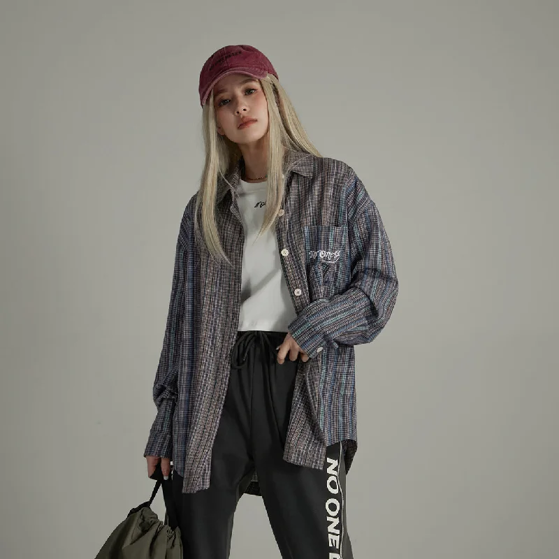 French Style Bell Sleeves Striped Check Shirt