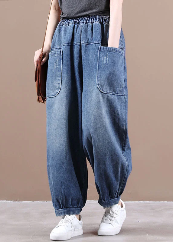 Fashion Style Fashion Denim Blue Elastic Waist Pockets Patchwork Cotton Harem Pants Fall Fashion Style Fashion Denim Blue Elastic Waist Pockets Patchwork Cotton Harem Pants Fall