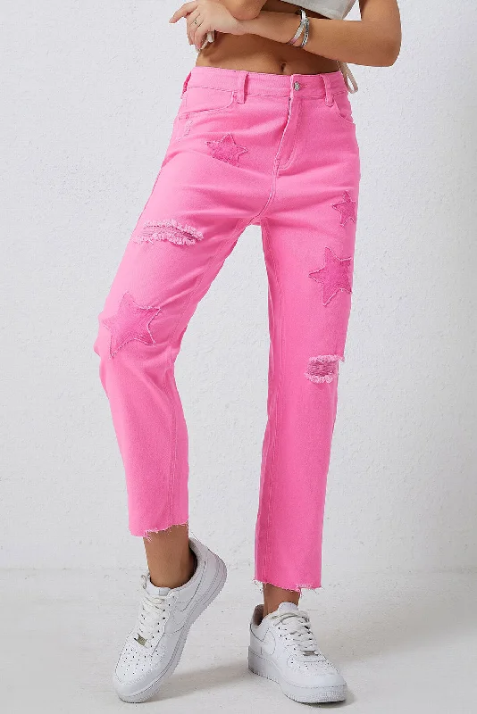 Carefree Star Raw Hem Distressed Jeans