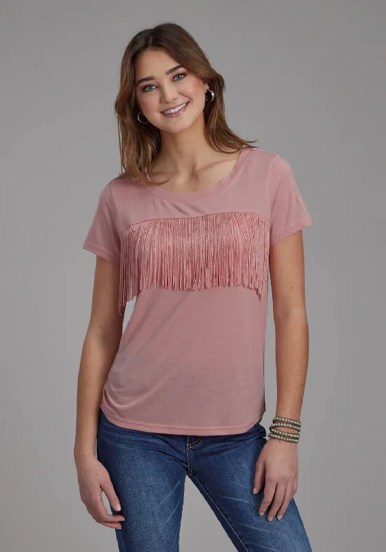 Stunning Fashion Roper Womens Front Yoke Fringe Pink Poly/Rayon S/S T-Shirt