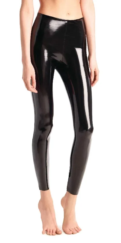 Denim Design Faux Patent Leather Legging In Black