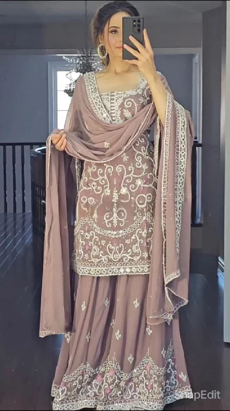 Slightly Flared Design Khaki Pink Fancy Georgette Bell Sleeve Party Wear Gharara Suit Slightly Flared Design Khaki Pink Fancy Georgette Bell Sleeve Party Wear Gharara Suit