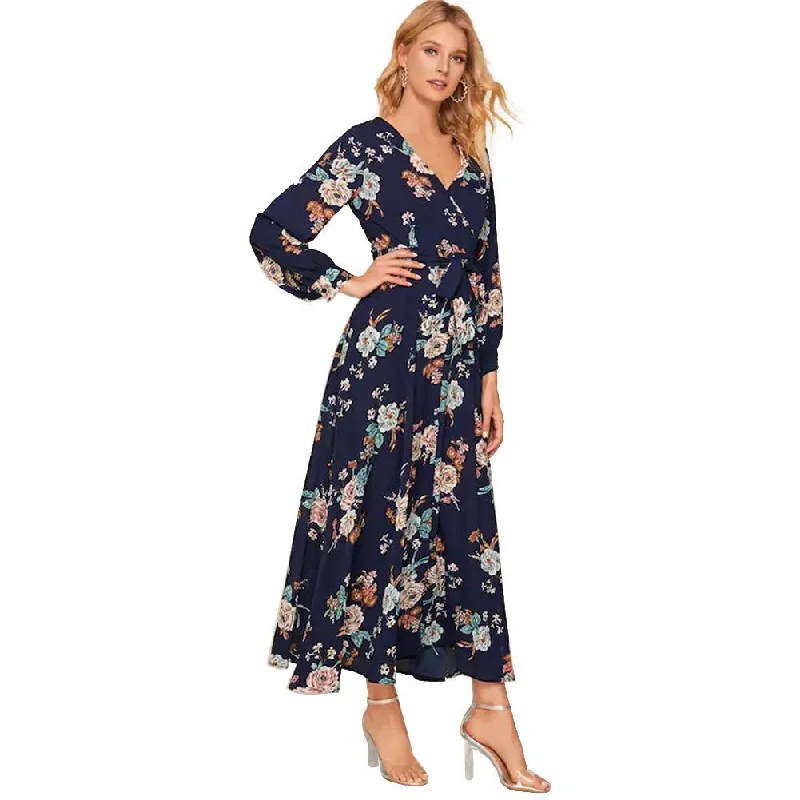 Personalized Clothing Women Floral Print Navy Blue Chiffon Long Sleeves Fall Dresses