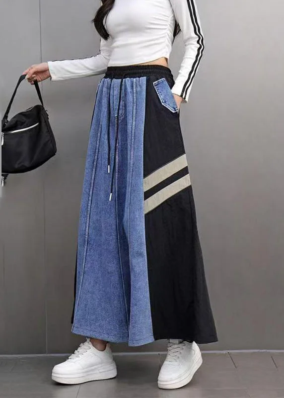 Fresh And Natural Boutique Colorblock Pockets Striped Elastic Waist Maxi Denim Skirts Spring Fresh And Natural Boutique Colorblock Pockets Striped Elastic Waist Maxi Denim Skirts Spring