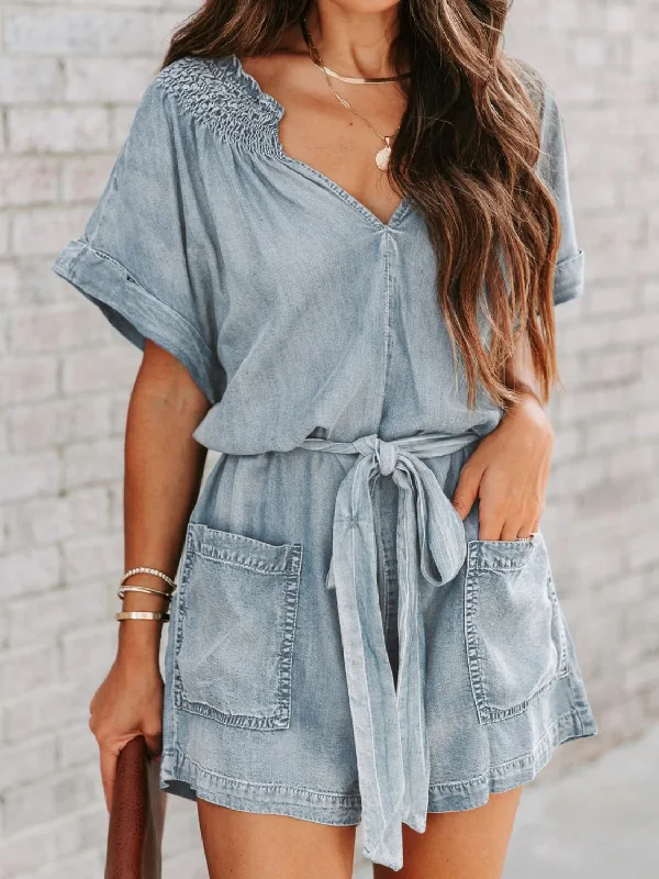 Autumn Selection Notched Tie Waist Denim Romper