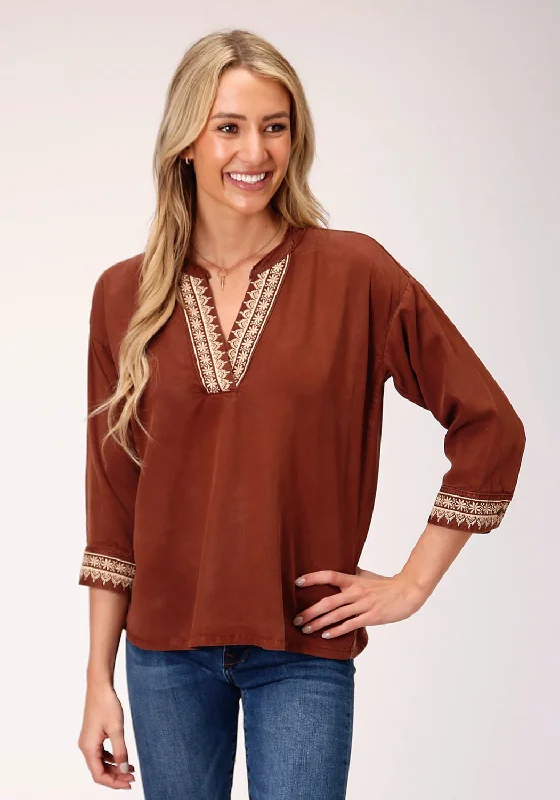 Fresh And Natural Stetson Womens Tobacco Denim Peasant 3/4 Sleeve Blouse